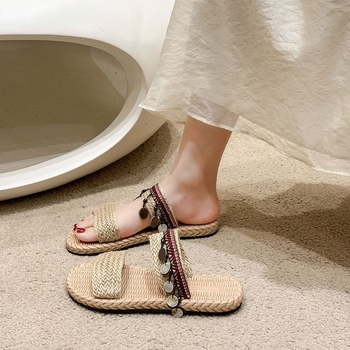 Γυναικείες σάνδαλες με πλεκτό από άχυρο, ταϊλανδικού εθνοτικού στυλ, EVA σόλα, πάχος σόλας 0–3 cm, επίπεδο πέλμα