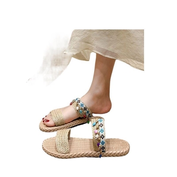 Γυναικείες σάνδαλες με πλεκτό από άχυρο, ταϊλανδικού εθνοτικού στυλ, EVA σόλα, πάχος σόλας 0–3 cm, επίπεδο πέλμα