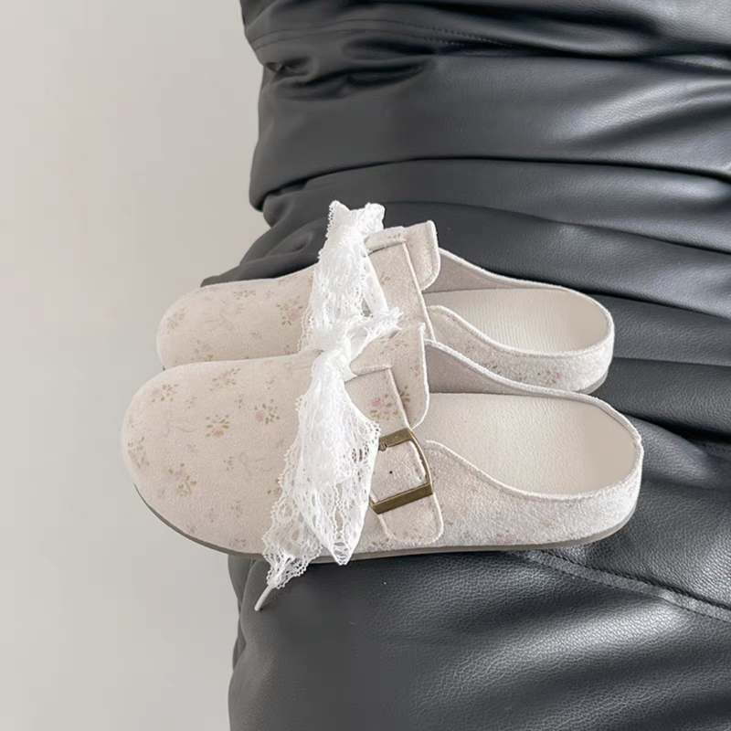 Ženske slip-on sandale s čipkastim prstom, gornji dio od umjetne kože, gumena potplat, podstava od tkanine, ravni đon 0–3 cm