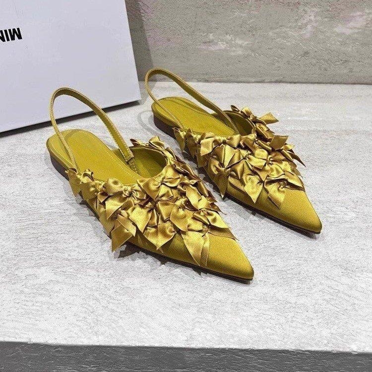 Satenske mule s mašnicom, s jednim remenom, za elegantne dame, francuski špicasti nos, ravna potplata, otvorena peta