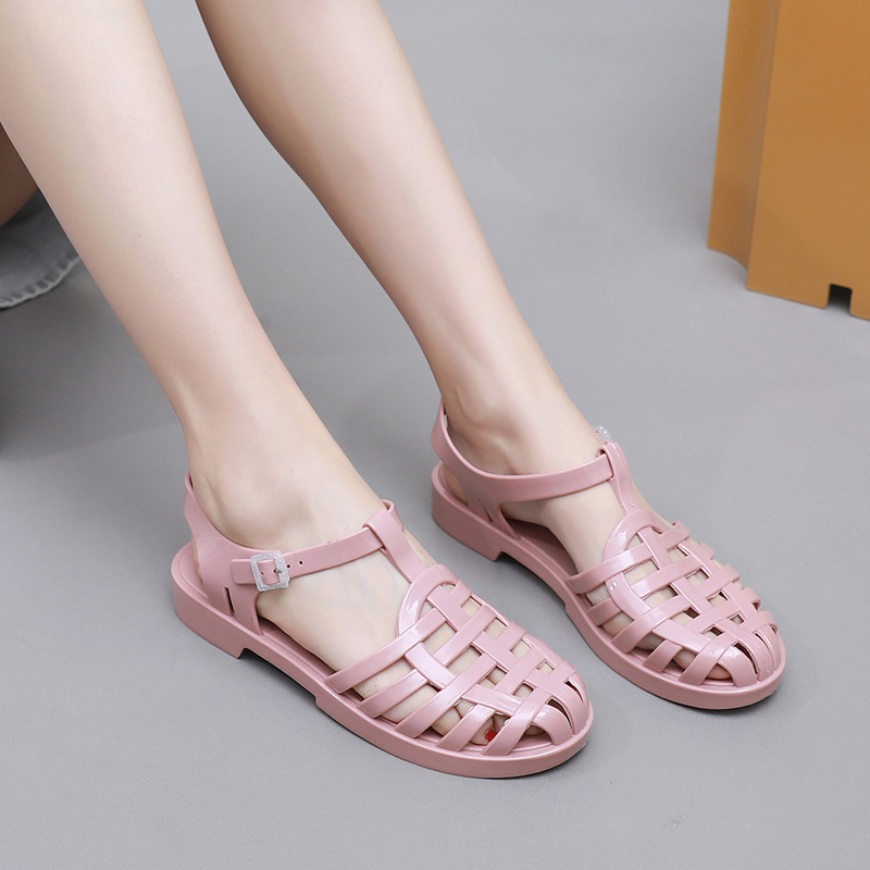 Ženske sandale T-strap, PVC gornji dio, PVC potplat, okrugli vrh prsta, niski gornji dio, brzo sušeće