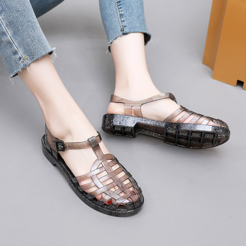 Ženske sandale T-strap, PVC gornji dio, PVC potplat, okrugli vrh prsta, niski gornji dio, brzo sušeće