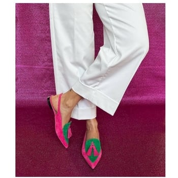 Sandale dama cu vârf ascuțit, ciucuri, spate deschis, talpă joasă (partea superioară PU, talpă din cauciuc, căptușeală din piele, vara 2024)