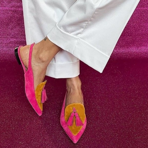 Sandale dama cu vârf ascuțit, ciucuri, spate deschis, talpă joasă (partea superioară PU, talpă din cauciuc, căptușeală din piele, vara 2024)