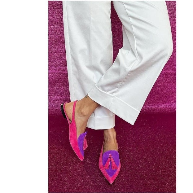 Sandale dama cu vârf ascuțit, ciucuri, spate deschis, talpă joasă (partea superioară PU, talpă din cauciuc, căptușeală din piele, vara 2024)