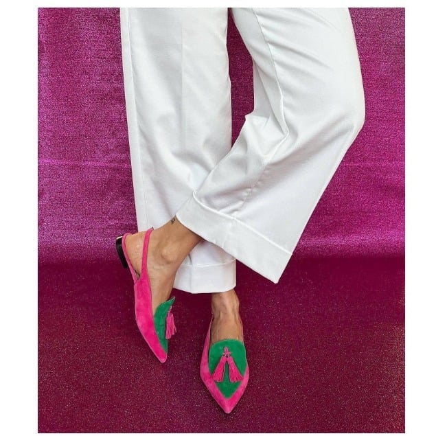 Sandale dama cu vârf ascuțit, ciucuri, spate deschis, talpă joasă (partea superioară PU, talpă din cauciuc, căptușeală din piele, vara 2024)