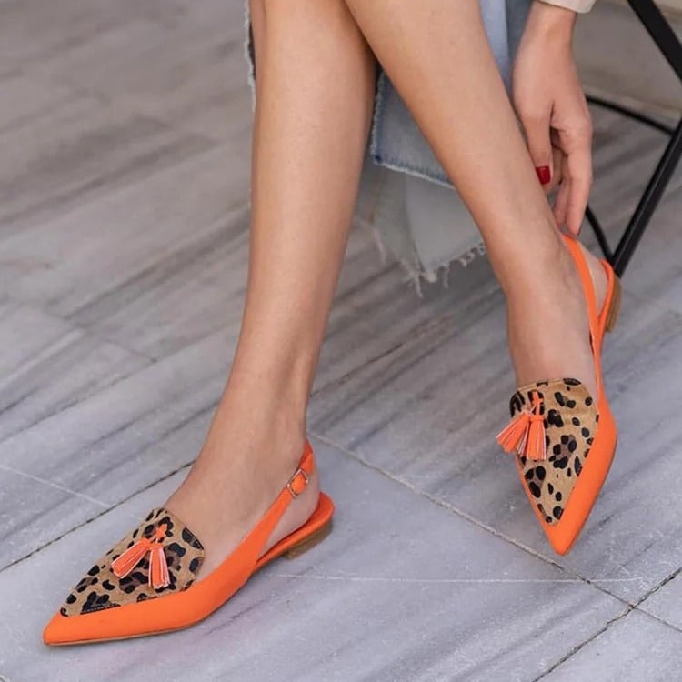 Sandale dama cu vârf ascuțit, ciucuri, spate deschis, talpă joasă (partea superioară PU, talpă din cauciuc, căptușeală din piele, vara 2024)