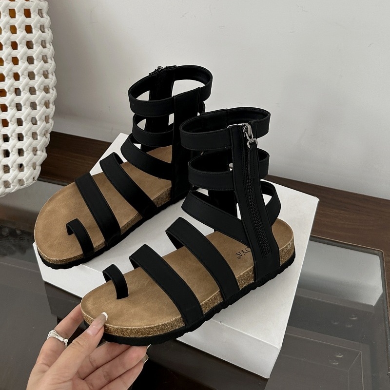 Sandale pentru femei cu un singur curea, fermoar la deget, deget deschis, talpă groasă, stil retro coreean