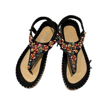 Γυναικεία σανδάλια με χάντρες σε μποέμ στυλ, επίπεδη σόλα, PU επάνω μέρος, καουτσούκ σόλα, κορεακό στυλ, χαμηλό πάνω μέρος, πίσω λουράκι, ελαφριές