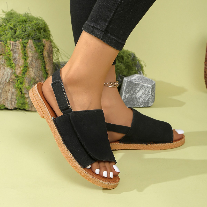 Sandale pentru femei, partea superioară PU, talpă din cauciuc, închidere Velcro, vârf pătrat, talpă joasă cu bretea din spate