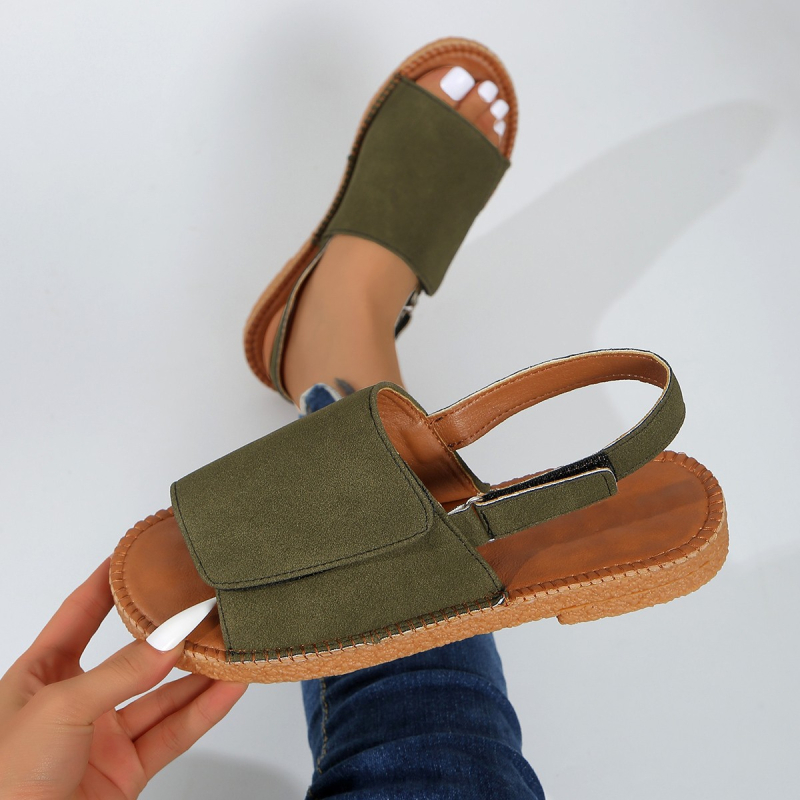 Sandale pentru femei, partea superioară PU, talpă din cauciuc, închidere Velcro, vârf pătrat, talpă joasă cu bretea din spate