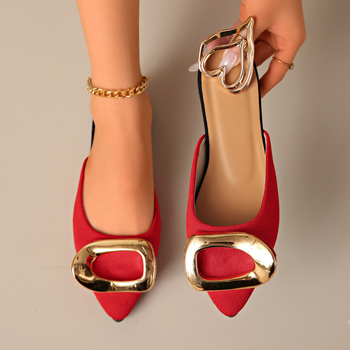 Γυναικείες επίπεδες παπούτσια με μυτερό δάχτυλο, σουέντ επάνω, μεταλλική κυκλική αγκράφα, σλιπ-ον, καουτσούκ σόλα