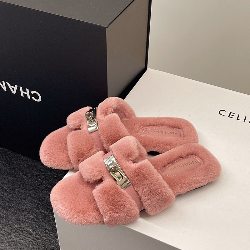 Koreai stílusú női szőrös papucs, felső és belső rész műszőr, gumitalp, slip-on