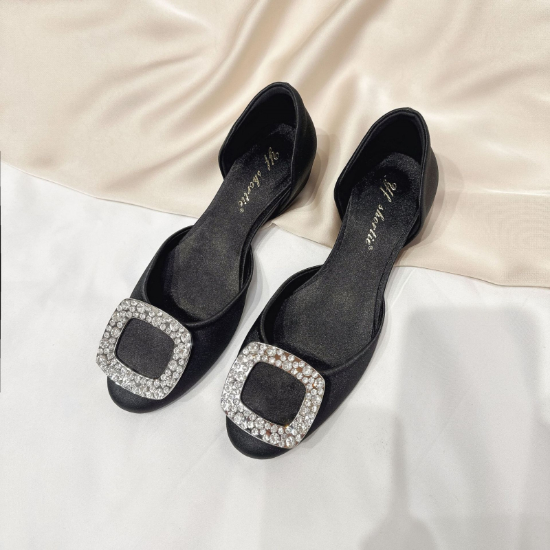 Sandale cu platformă pentru femei de înălțime mică, design gol cu cataramă pătrată și cristale, stil franțuzesc, pantofi cu talpă plată și vârf pătrat