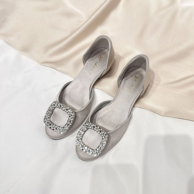 Sandale cu platformă pentru femei de înălțime mică, design gol cu cataramă pătrată și cristale, stil franțuzesc, pantofi cu talpă plată și vârf pătrat
