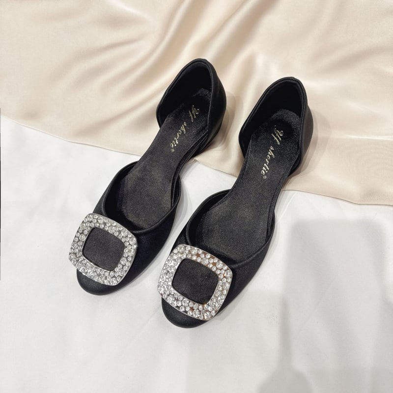 Sandale cu platformă pentru femei de înălțime mică, design gol cu cataramă pătrată și cristale, stil franțuzesc, pantofi cu talpă plată și vârf pătrat