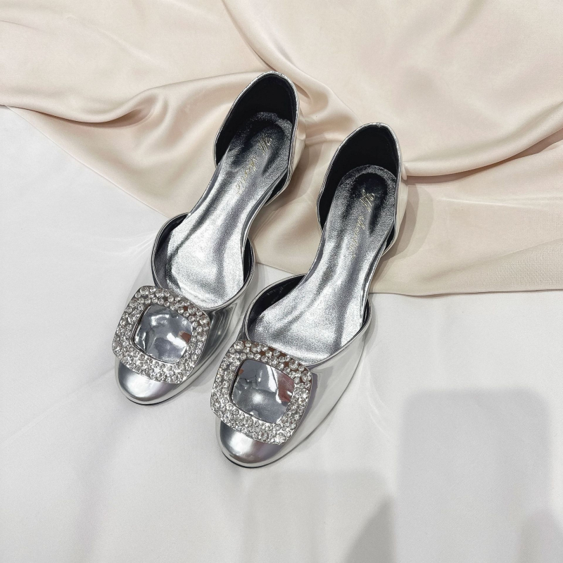 Sandale cu platformă pentru femei de înălțime mică, design gol cu cataramă pătrată și cristale, stil franțuzesc, pantofi cu talpă plată și vârf pătrat