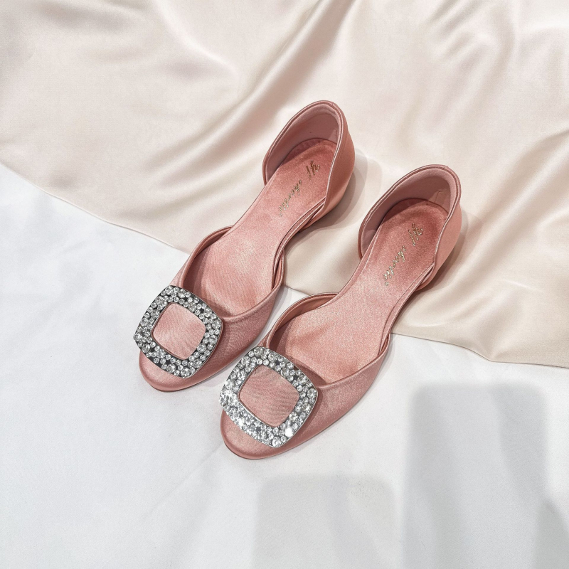 Sandale cu platformă pentru femei de înălțime mică, design gol cu cataramă pătrată și cristale, stil franțuzesc, pantofi cu talpă plată și vârf pătrat