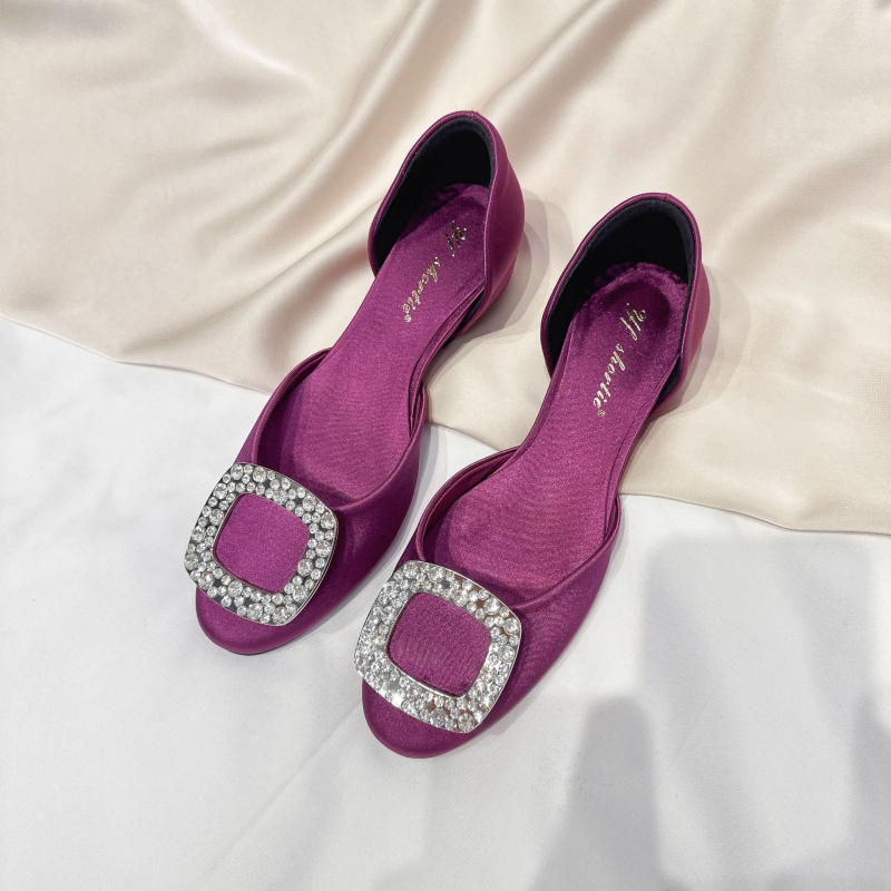 Sandale cu platformă pentru femei de înălțime mică, design gol cu cataramă pătrată și cristale, stil franțuzesc, pantofi cu talpă plată și vârf pătrat