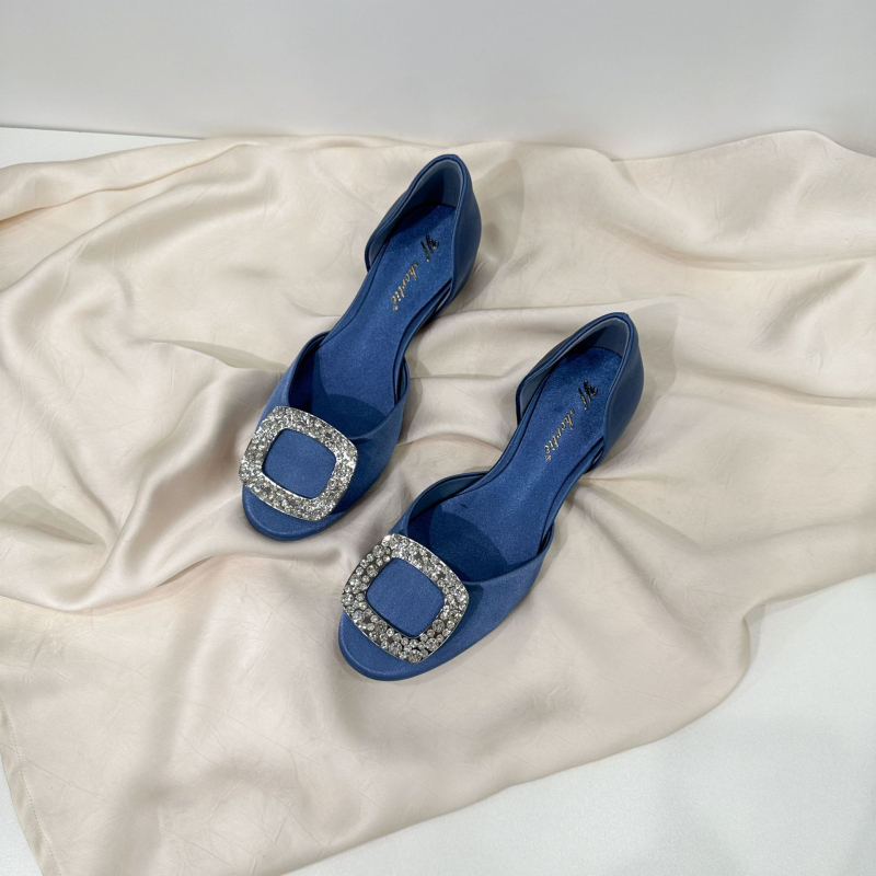 Sandale cu platformă pentru femei de înălțime mică, design gol cu cataramă pătrată și cristale, stil franțuzesc, pantofi cu talpă plată și vârf pătrat