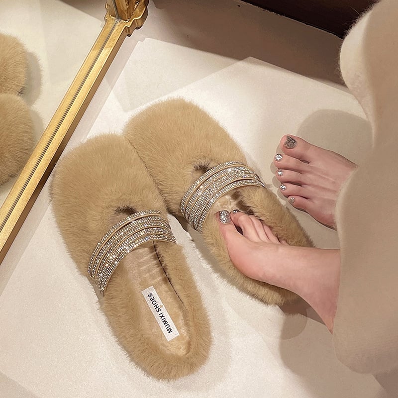 Ženske zimske papuče s kristalima i plišom, slip-on, gumena potplat, topla unutrašnjost, svakodnevna upotreba, jesen 2025