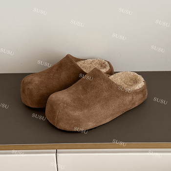 Ženske plišane mule cipele s gornjim dijelom od nubuka goveda, unutarnja vunena podstava, gumena potplata, debljina potplata 3-5 cm, ravna potpetica