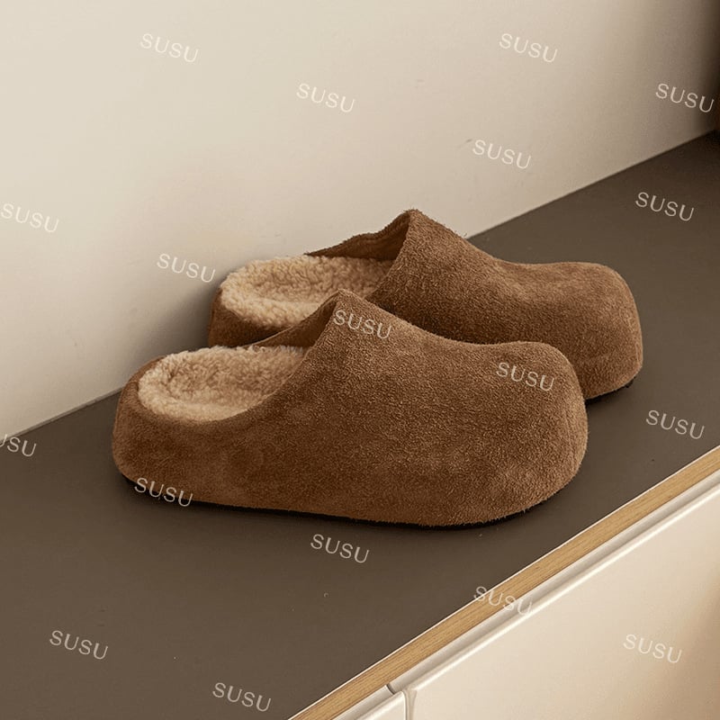 Ženske plišane mule cipele s gornjim dijelom od nubuka goveda, unutarnja vunena podstava, gumena potplata, debljina potplata 3-5 cm, ravna potpetica