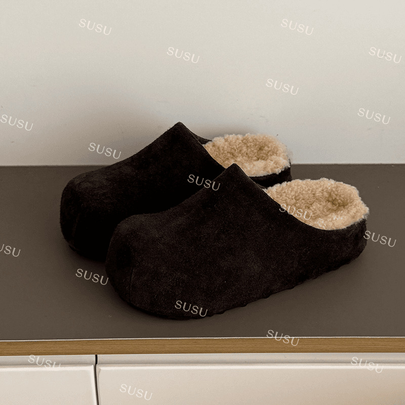 Ženske plišane mule cipele s gornjim dijelom od nubuka goveda, unutarnja vunena podstava, gumena potplata, debljina potplata 3-5 cm, ravna potpetica