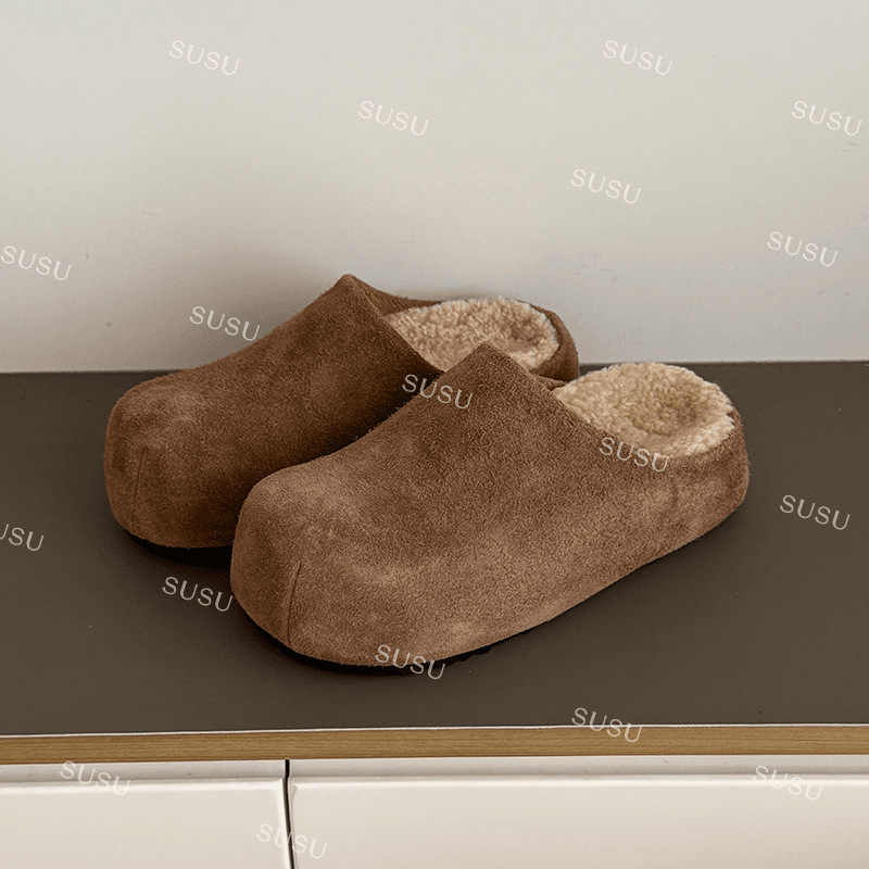 Ženske plišane mule cipele s gornjim dijelom od nubuka goveda, unutarnja vunena podstava, gumena potplata, debljina potplata 3-5 cm, ravna potpetica