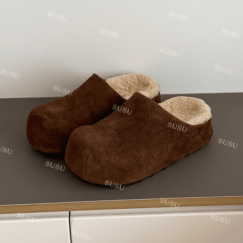 Ženske plišane mule cipele s gornjim dijelom od nubuka goveda, unutarnja vunena podstava, gumena potplata, debljina potplata 3-5 cm, ravna potpetica