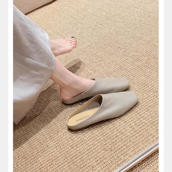 Mule slip-on din piele naturală, vârf închis, căptușeală din piele de porc, talpă din cauciuc, toc plat