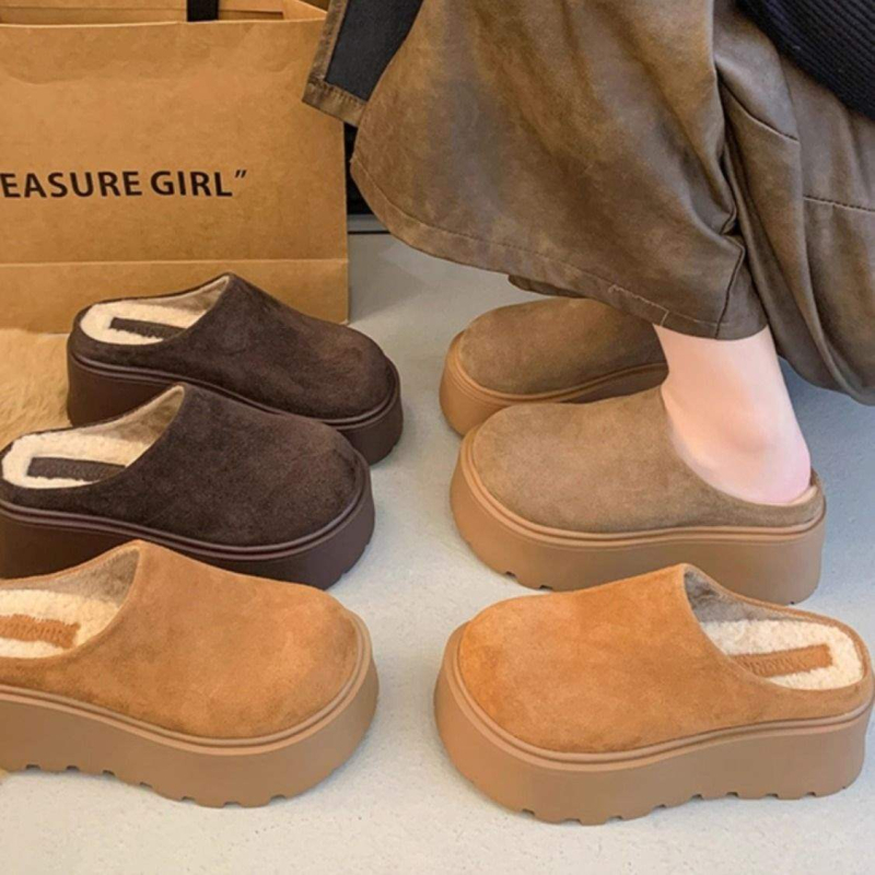 Ženske papuče s debelim potplatom i zaobljenim prstom, za vanjsku upotrebu, Birkenstock inspiriran, s fleec podstavom