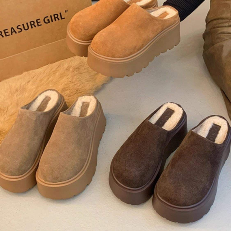 Ženske papuče s debelim potplatom i zaobljenim prstom, za vanjsku upotrebu, Birkenstock inspiriran, s fleec podstavom