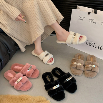 Γυναικείες παντόφλες κορεατικού στυλ με συνθετική γούνα, χωρίς κούμπωμα, εσωτερικά από συνθετική γούνα, σόλα από καουτσούκ, επίπεδη σόλα, φθινόπωρο 2025