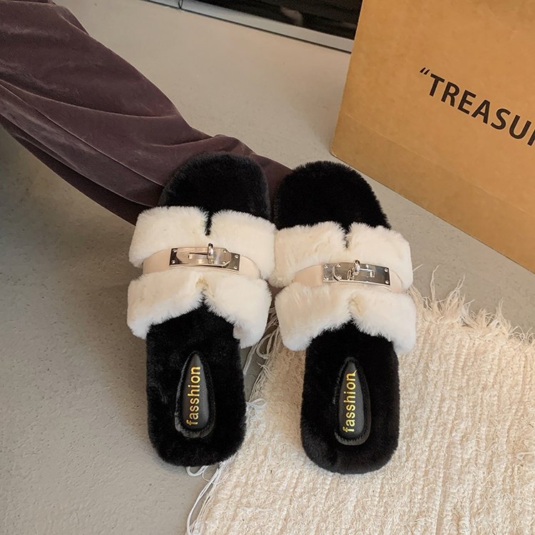 Γυναικείες παντόφλες κορεατικού στυλ με συνθετική γούνα, χωρίς κούμπωμα, εσωτερικά από συνθετική γούνα, σόλα από καουτσούκ, επίπεδη σόλα, φθινόπωρο 2025