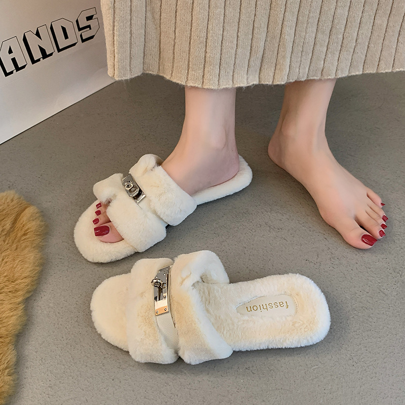 Γυναικείες παντόφλες κορεατικού στυλ με συνθετική γούνα, χωρίς κούμπωμα, εσωτερικά από συνθετική γούνα, σόλα από καουτσούκ, επίπεδη σόλα, φθινόπωρο 2025