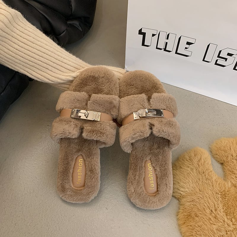 Γυναικείες παντόφλες κορεατικού στυλ με συνθετική γούνα, χωρίς κούμπωμα, εσωτερικά από συνθετική γούνα, σόλα από καουτσούκ, επίπεδη σόλα, φθινόπωρο 2025