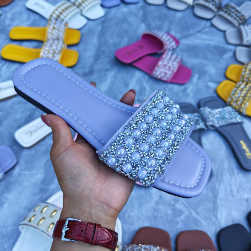 Sandale damă cu bretea unic, cristale, talpă din cauciuc, slip-on, grosime talpă 3–5 cm