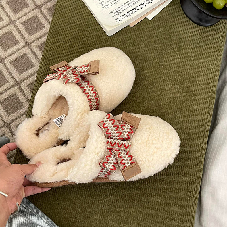 Ženske vunene papuče s plišastim gornjim dijelom, unutarnja krzna, gumena potplata, slip-on, ravna potplata, za dom i van
