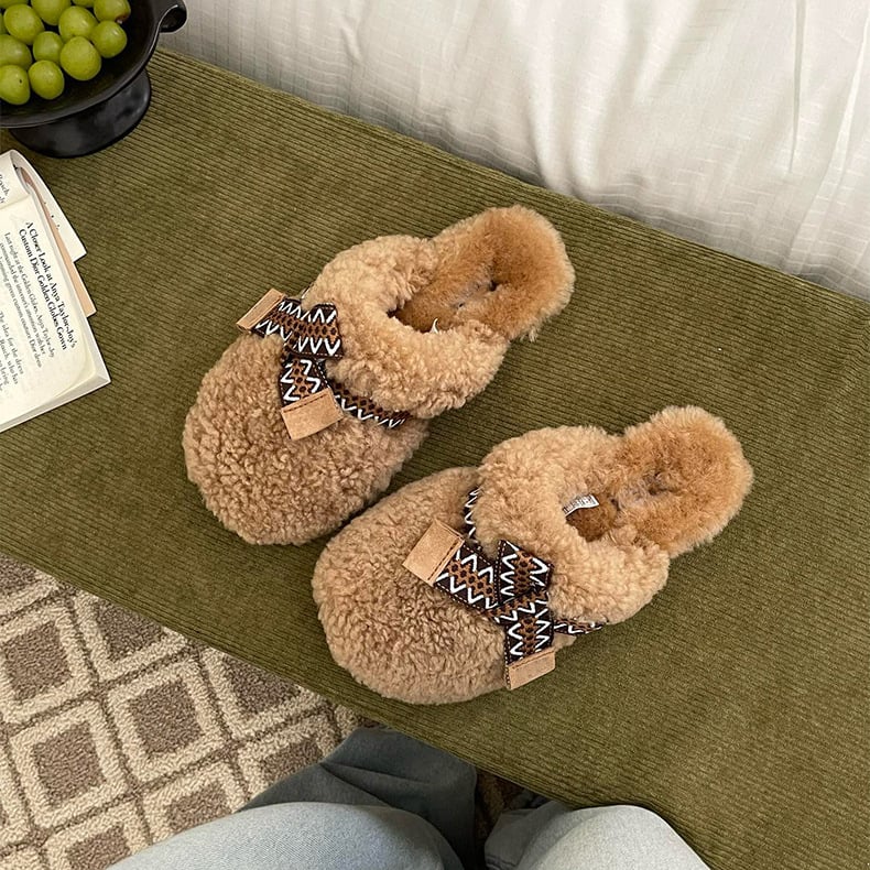Ženske vunene papuče s plišastim gornjim dijelom, unutarnja krzna, gumena potplata, slip-on, ravna potplata, za dom i van
