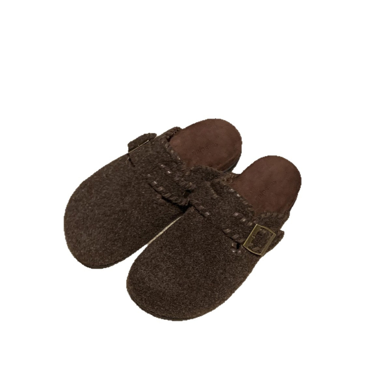 Ženske cipele u Birkenstock stilu s vunenom unutrašnjosti, nubuk gornji dio, gumeni potplat, remen s kopčom, dizajn za povećanje visine