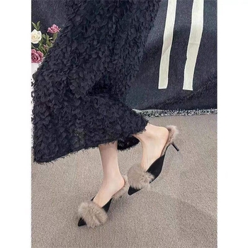 Mule pentru femei PU cu vârf ascuțit, culoare solidă, talpă din cauciuc, anti-alunecare, talpă plată