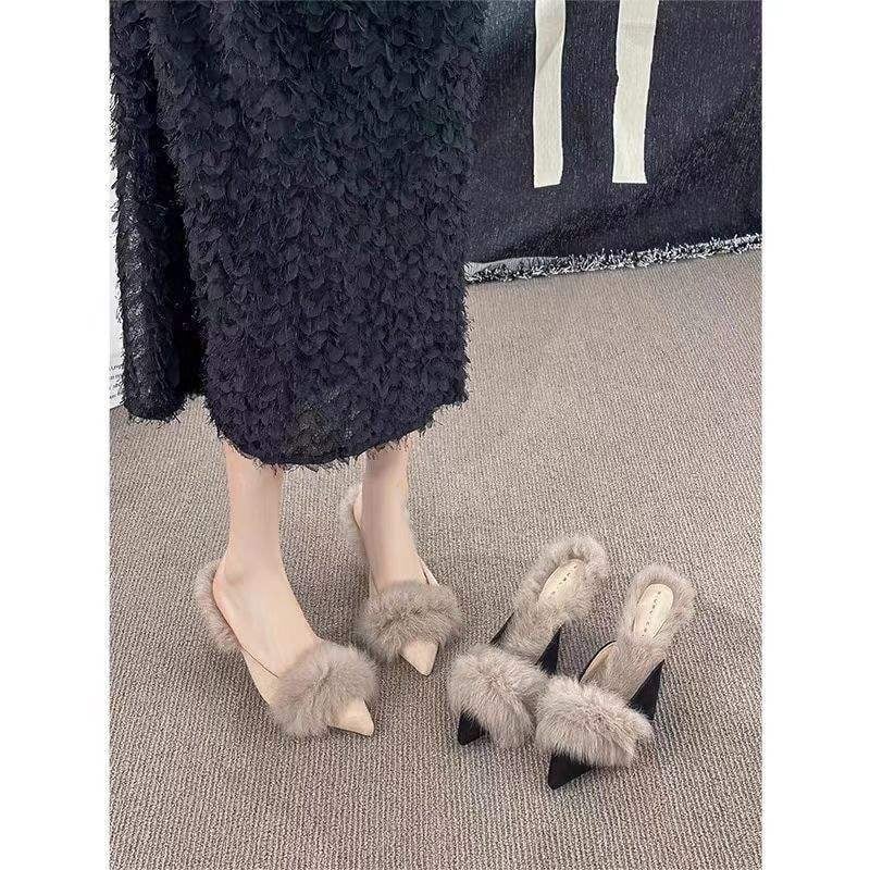 Mule pentru femei PU cu vârf ascuțit, culoare solidă, talpă din cauciuc, anti-alunecare, talpă plată