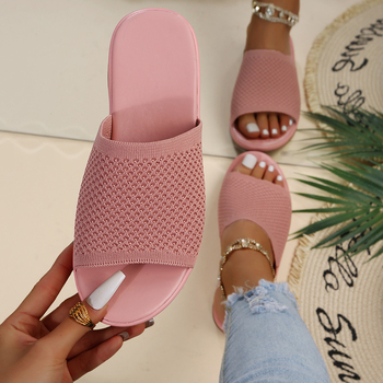 Ženske plažne cipele s fly-woven PU potplatom, gornji dio od PVC-a, prozračne, ravna potpetica, injekcijsko lijevana potplata, podstava od umjetne kože