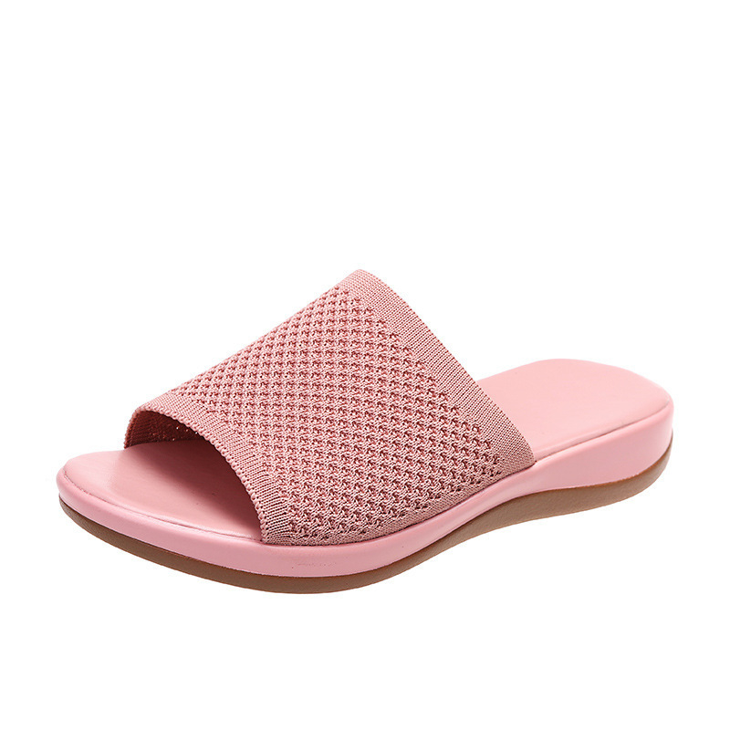 Ženske plažne cipele s fly-woven PU potplatom, gornji dio od PVC-a, prozračne, ravna potpetica, injekcijsko lijevana potplata, podstava od umjetne kože