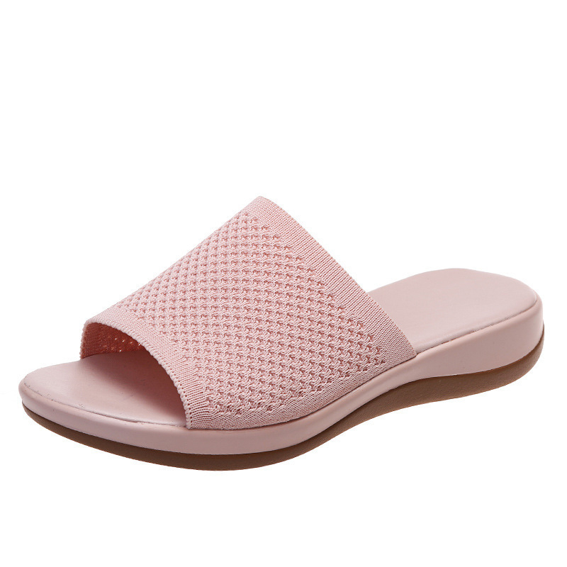 Ženske plažne cipele s fly-woven PU potplatom, gornji dio od PVC-a, prozračne, ravna potpetica, injekcijsko lijevana potplata, podstava od umjetne kože