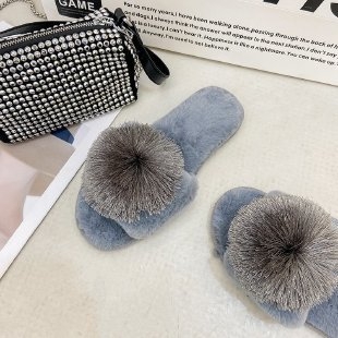 Ženske papuče s krznenom gornjim dijelom, ravna potplat, za vanjsku upotrebu, nubuk gornji dio, gumeni potplat, protuklizna, debljina potplata 0–3 cm