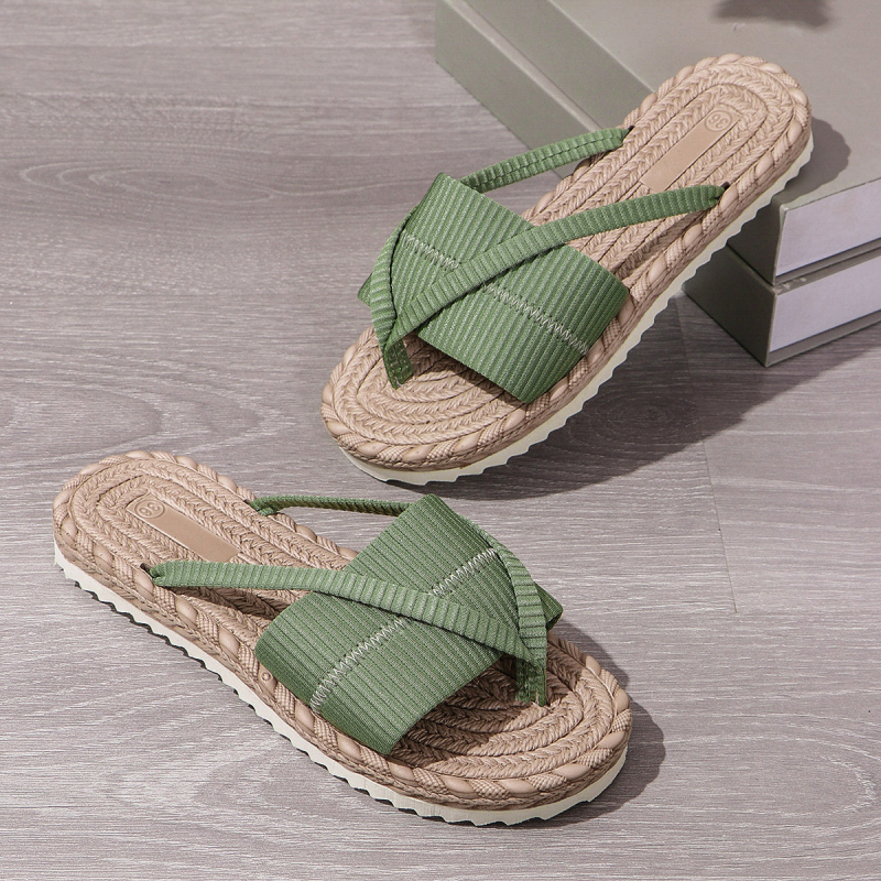 Ženske papuče za plažu s velurom na gornjem dijelu, gumom potplatom, podstava od tkanine, ravna potplata, debljina potplata 0–3 cm
