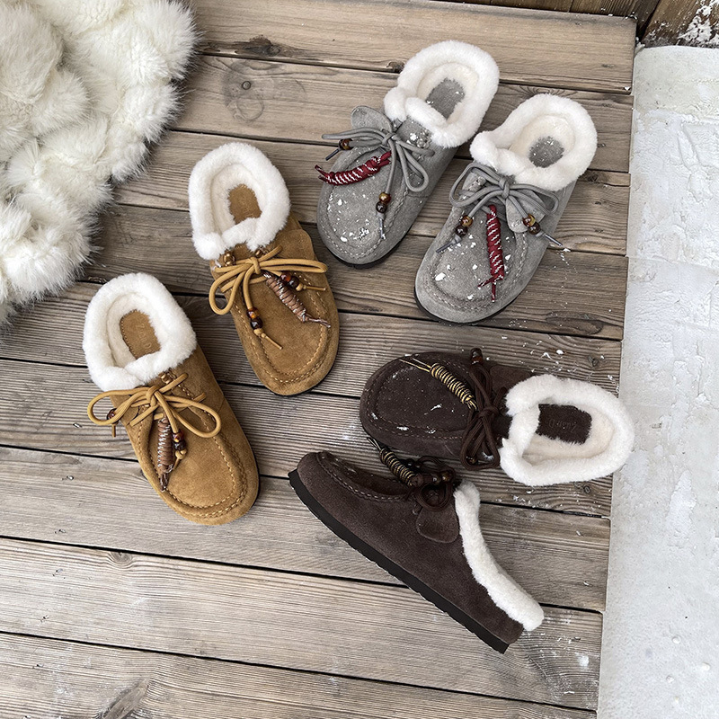 Pantofi casual slip-on pentru femei, partea superioară din velur, căptușeală din blană artificială, talpă din spumă de cauciuc, ușori și calzi