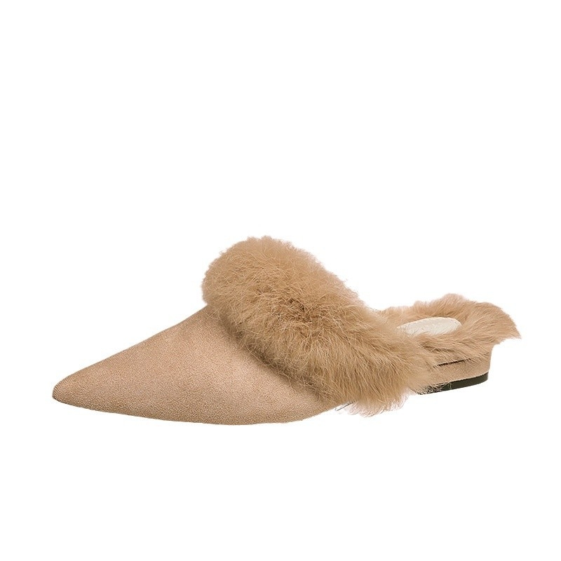 Baotou stil ženske papuče s oštrim nosom, podstavljene umjetnim krznom, gornji dio od suede materijala, gumena potplata, zima 2024